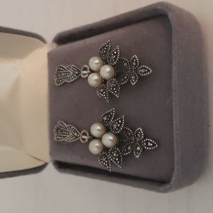 Vintage Sterling silver, Cultured Pearl and Marcasite Leaf Earrings.